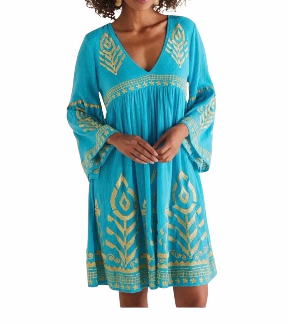Soft Surroundings Zaneta V-Neck 3/4 Sleeve Embroidered Dress Blue Gold L NEW
